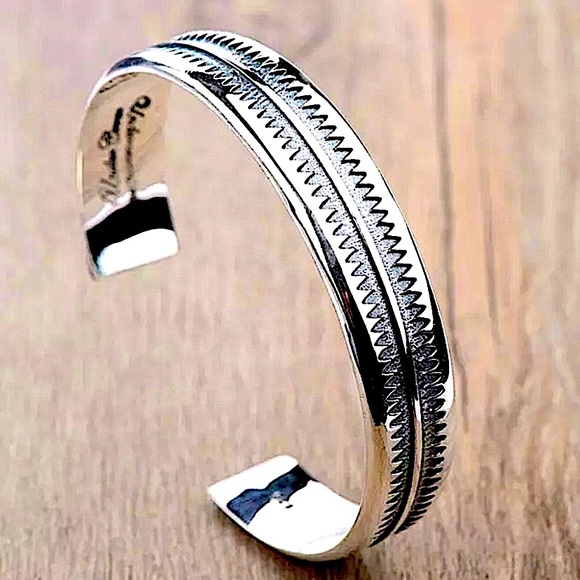 Sterling Silver Sawtooth Design Bracelet Cuff Bracelet Unisex - Picture 12 of 12